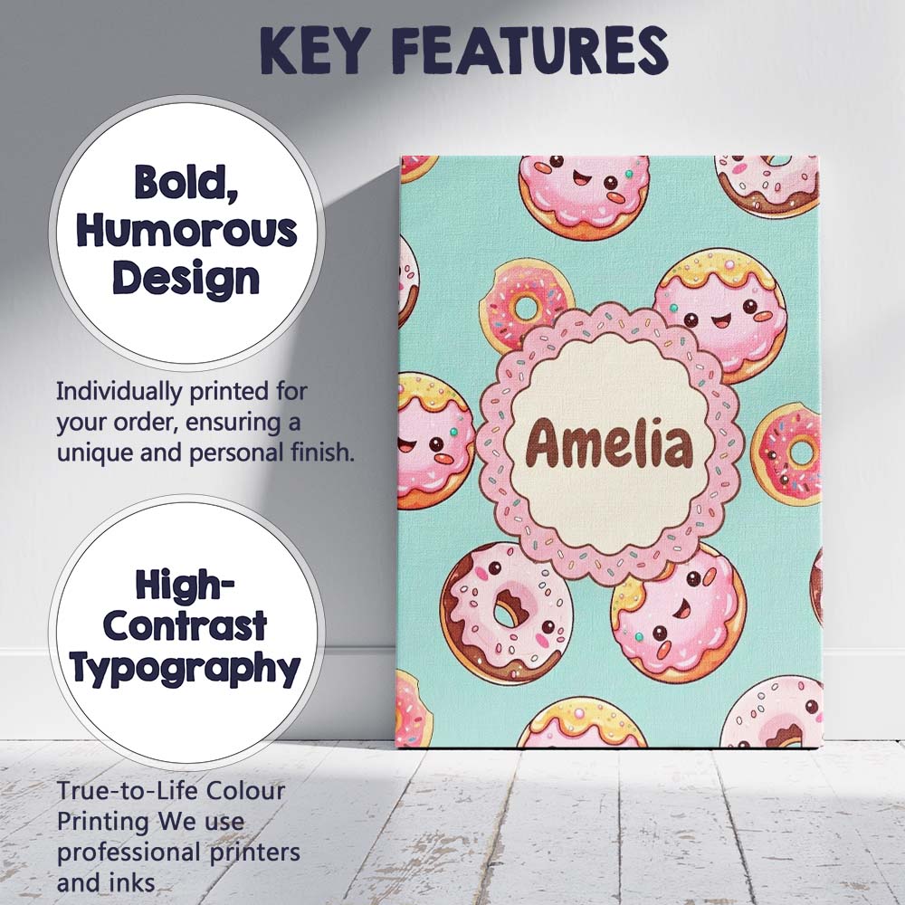 Personalised Name Cute Kawaii Donuts Mint Custom  Unique Gift Idea Elegant Feature Canvas Wall Art Print Decor Picture Ready to Hang