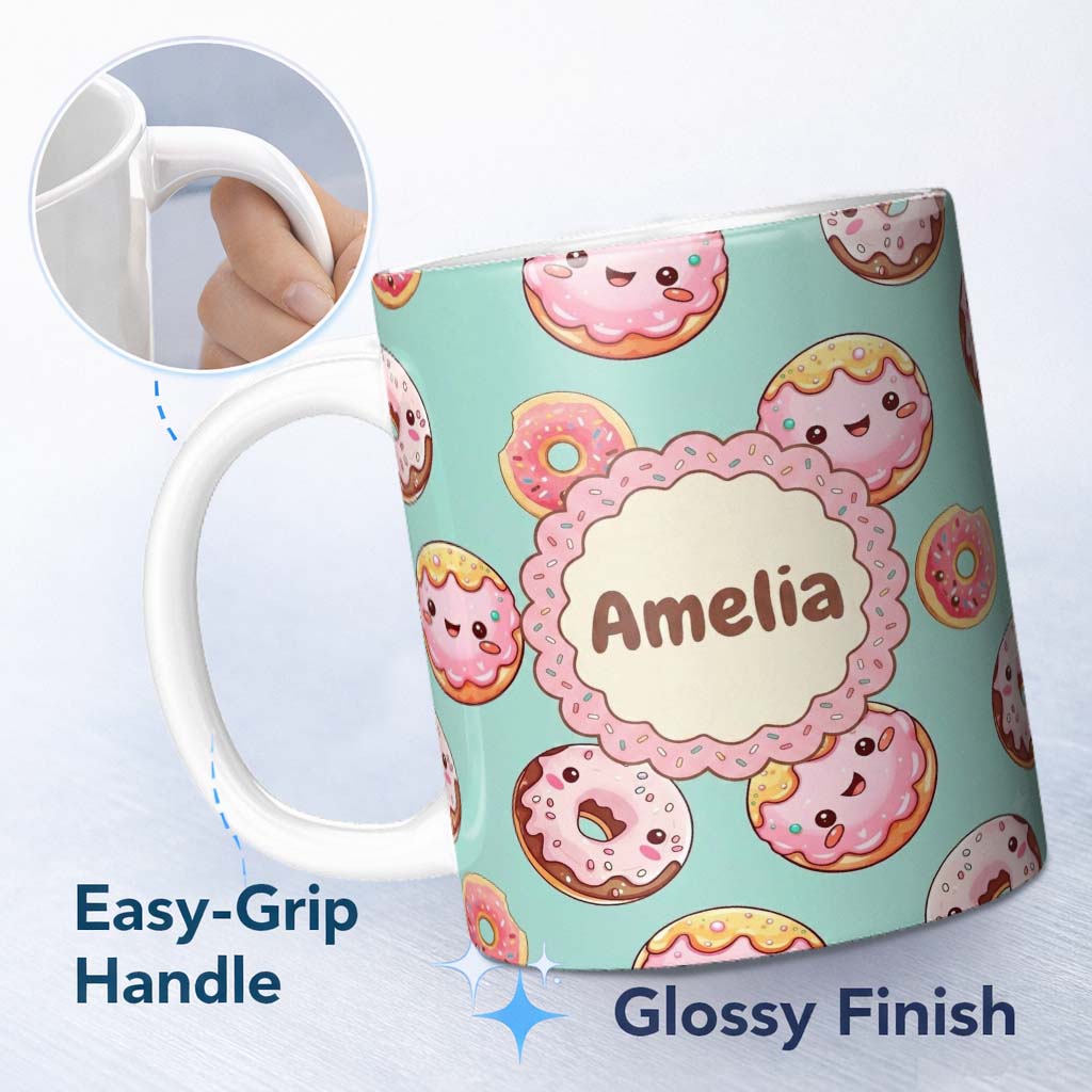 Personalized Custom Name Cute Kawaii Donuts Mint Background Sweet Dessert Seamless Pattern 11oz Ceramic Coffee Tea Mug White Large Handle