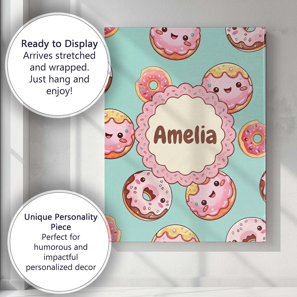 Personalised Name Cute Kawaii Donuts Mint Custom  Unique Gift Idea Elegant Feature Canvas Wall Art Print Decor Picture Ready to Hang