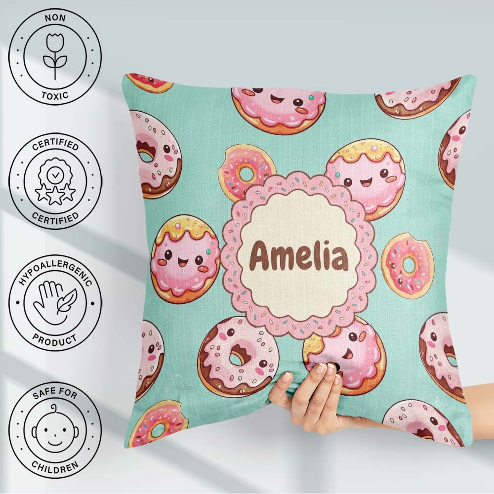 Custom Name Kawaii Donuts Mint Background Sweet Dessert Seamless Square Filled Cushion Throw Pillow Sofa Bed Home Decor Zip Washable UK Made