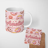 Personalized Custom Name Cute Kawaii Donuts Soft Pink Background Sweet Dessert Seamless 11oz Ceramic Coffee Tea Mug White Large Handle
