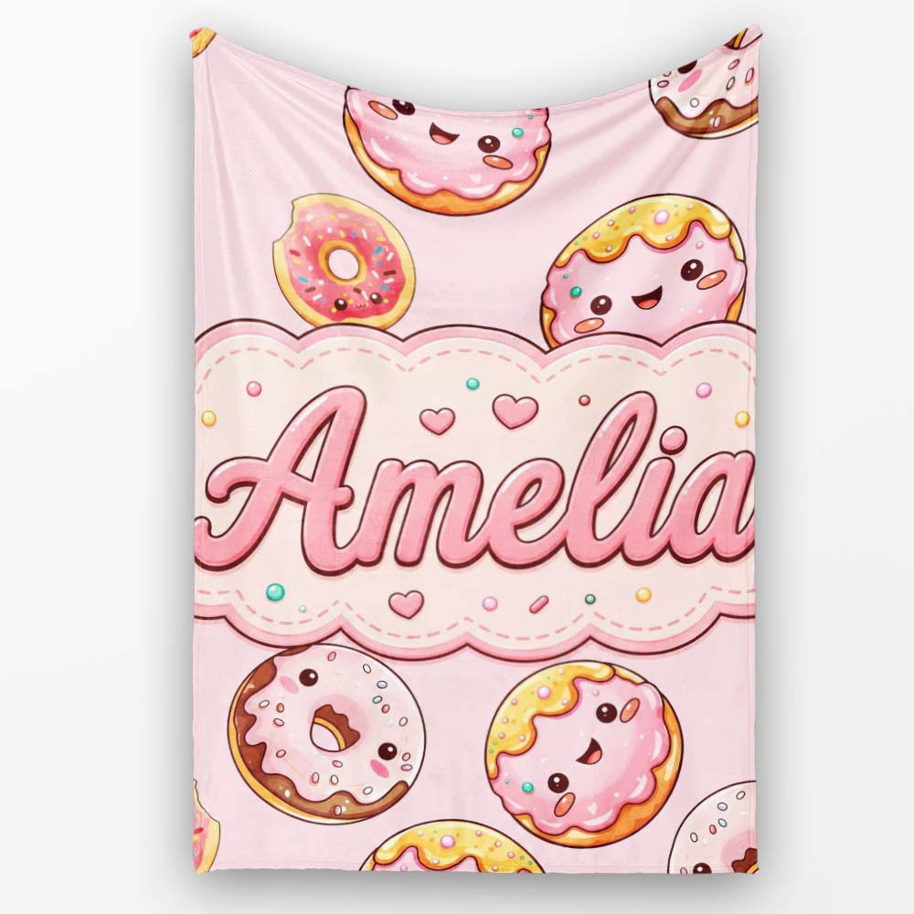 Cute Kawaii Donuts Soft Pink Background Sweet Dessert Seamless  Personalised Custom Name Super Soft Fleece Blanket Bed Sofa Throw