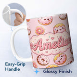 Personalized Custom Name Cute Kawaii Donuts Soft Pink Background Sweet Dessert Seamless 11oz Ceramic Coffee Tea Mug White Large Handle