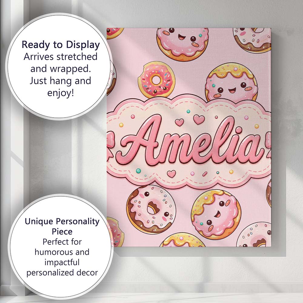 Personalised Name Cute Kawaii Donuts Soft Custom  Unique Gift Idea Elegant Feature Canvas Wall Art Print Decor Picture Ready to Hang