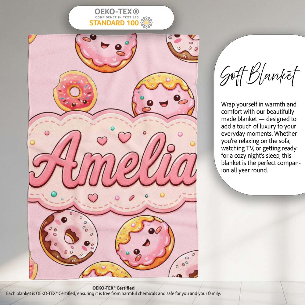 Cute Kawaii Donuts Soft Pink Background Sweet Dessert Seamless  Personalised Custom Name Super Soft Fleece Blanket Bed Sofa Throw