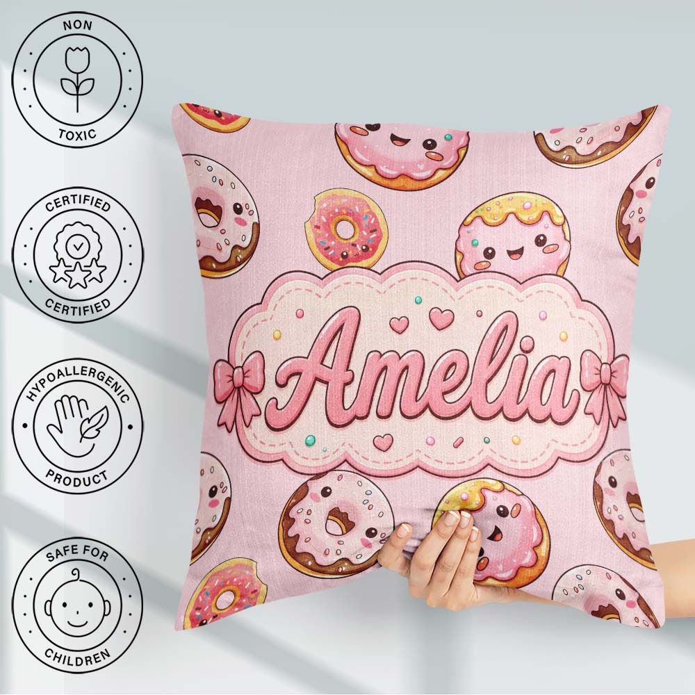 Custom Name Cute Kawaii Donuts Soft Pink Sweet Dessert Seamless Square Filled Cushion Throw Pillow Sofa Bed Home Decor Zip Washable UK Made