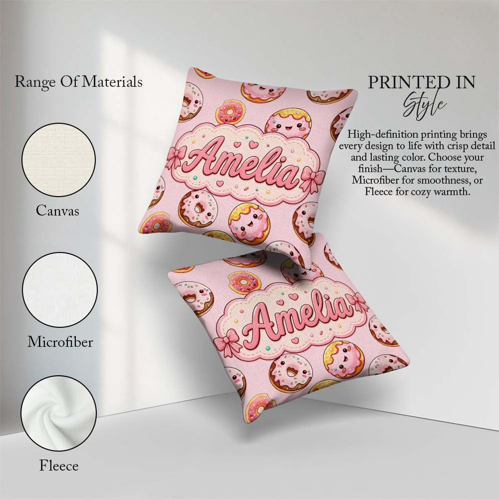 Custom Name Cute Kawaii Donuts Soft Pink Sweet Dessert Seamless Square Filled Cushion Throw Pillow Sofa Bed Home Decor Zip Washable UK Made