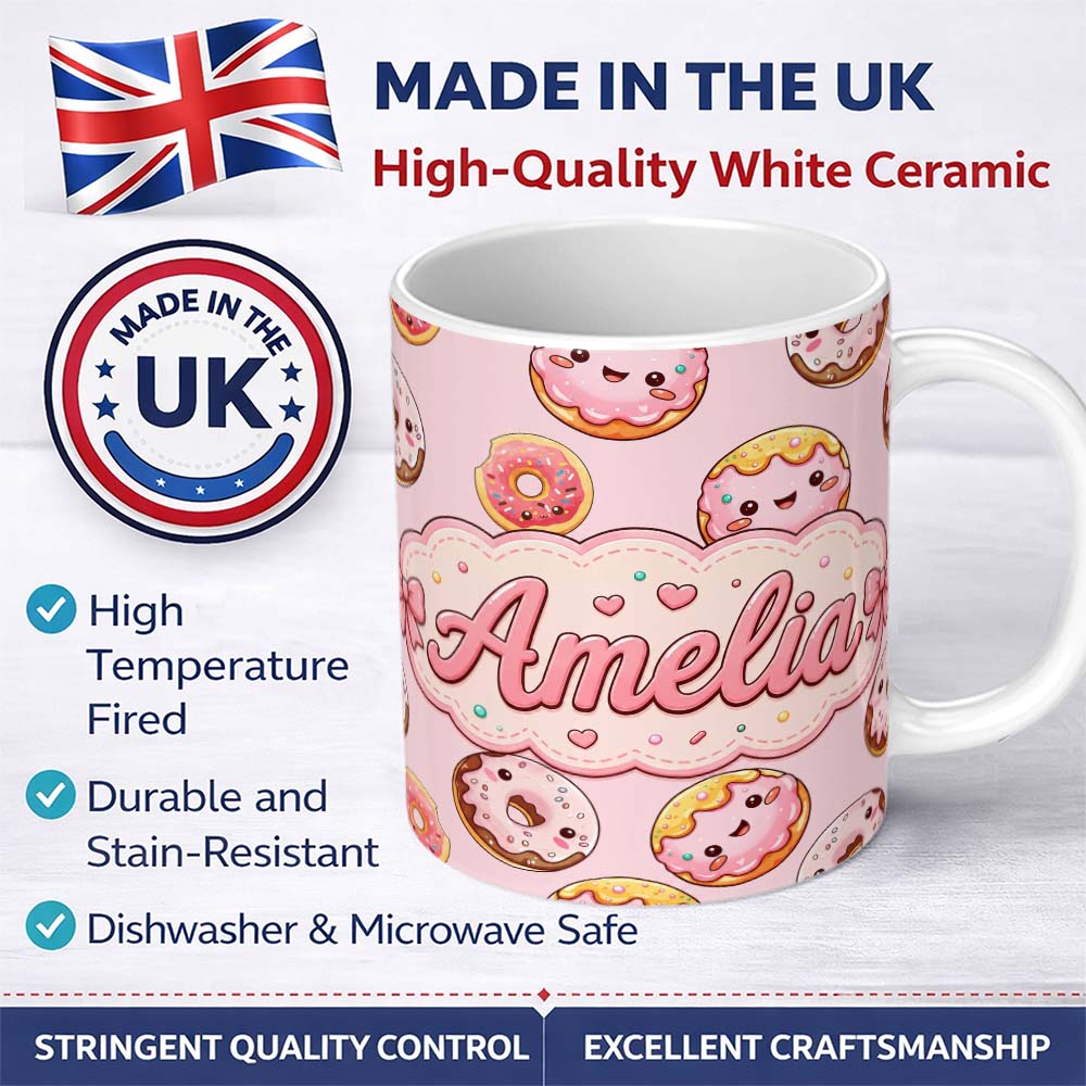 Personalized Custom Name Cute Kawaii Donuts Soft Pink Background Sweet Dessert Seamless 11oz Ceramic Coffee Tea Mug White Large Handle