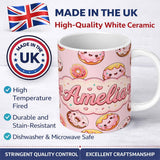 Personalized Custom Name Cute Kawaii Donuts Soft Pink Background Sweet Dessert Seamless 11oz Ceramic Coffee Tea Mug White Large Handle