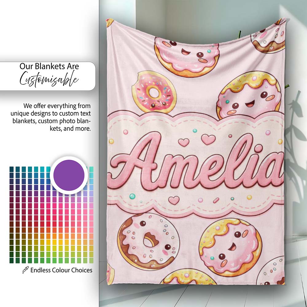 Cute Kawaii Donuts Soft Pink Background Sweet Dessert Seamless  Personalised Custom Name Super Soft Fleece Blanket Bed Sofa Throw