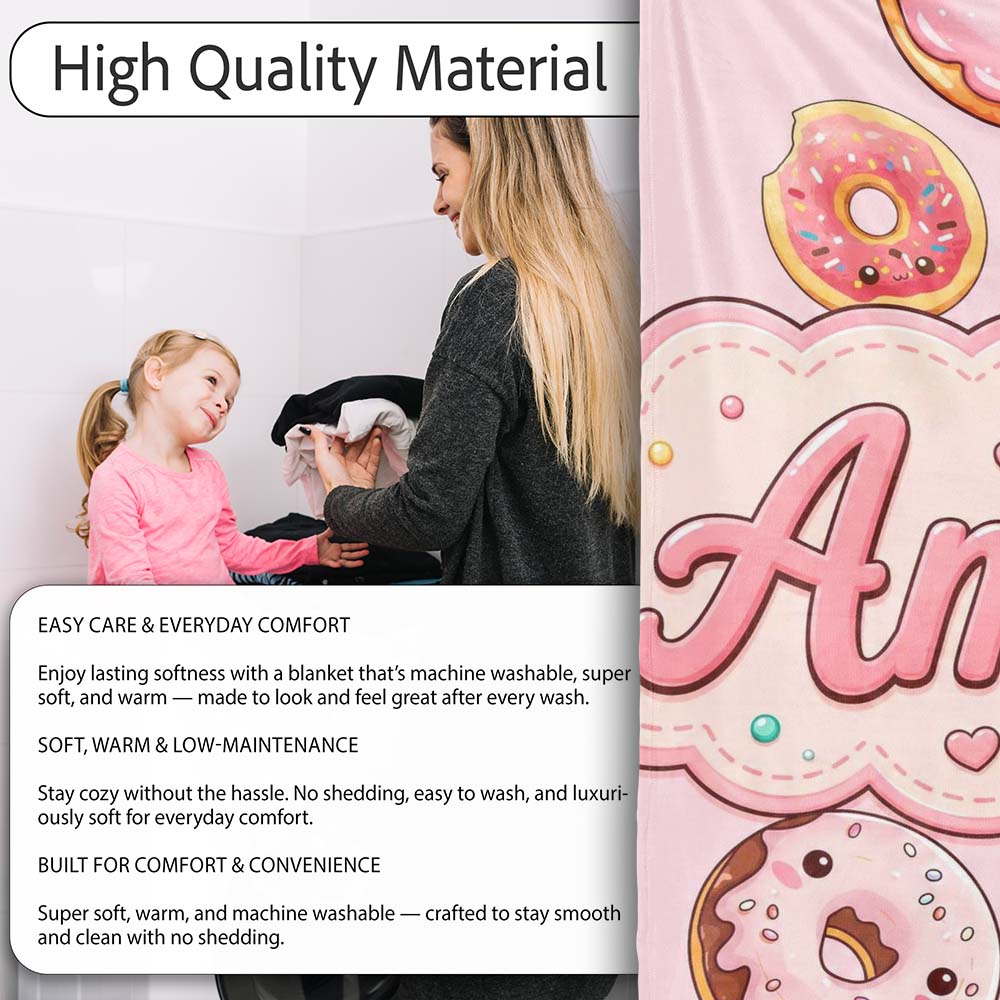 Cute Kawaii Donuts Soft Pink Background Sweet Dessert Seamless  Personalised Custom Name Super Soft Fleece Blanket Bed Sofa Throw