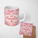 Personalized Custom Name Cute Kawaii Donuts Pink Background Sweet Dessert Seamless Pattern 11oz Ceramic Coffee Tea Mug White Large Handle