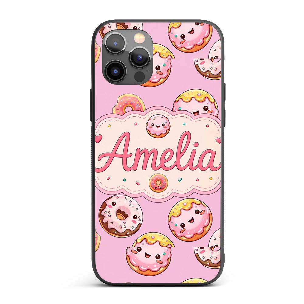 Cute Kawaii Donuts Pink Background Sweet Dessert Custom Name Protective Phone Case Mobile Cover Durable Everyday Smartphone Shock Resistant
