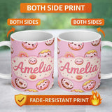 Personalized Custom Name Cute Kawaii Donuts Pink Background Sweet Dessert Seamless Pattern 11oz Ceramic Coffee Tea Mug White Large Handle