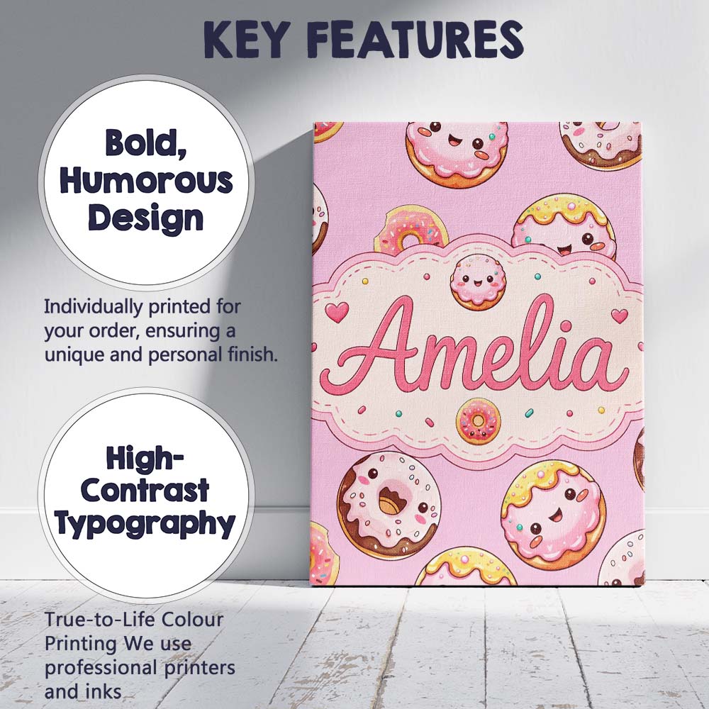 Personalised Name Cute Kawaii Donuts Pink Custom  Unique Gift Idea Elegant Feature Canvas Wall Art Print Decor Picture Ready to Hang