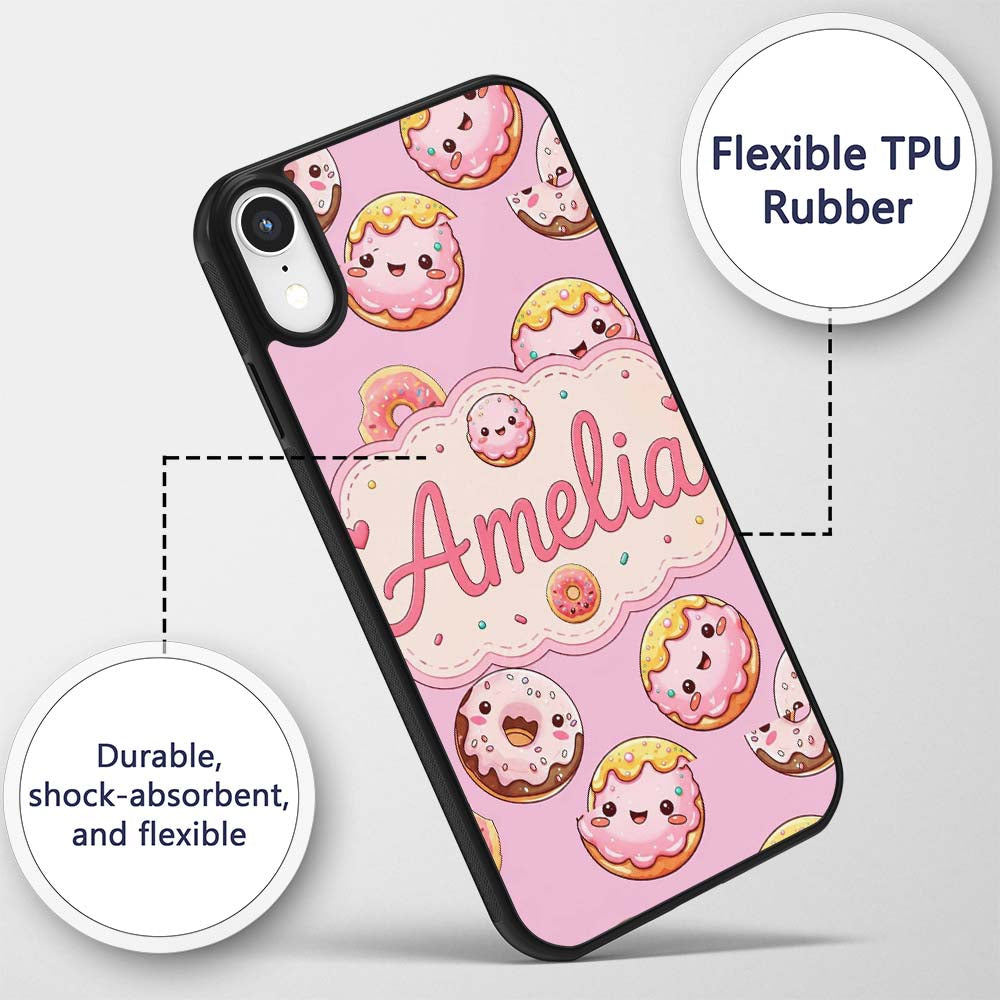 Cute Kawaii Donuts Pink Background Sweet Dessert Custom Name Protective Phone Case Mobile Cover Durable Everyday Smartphone Shock Resistant