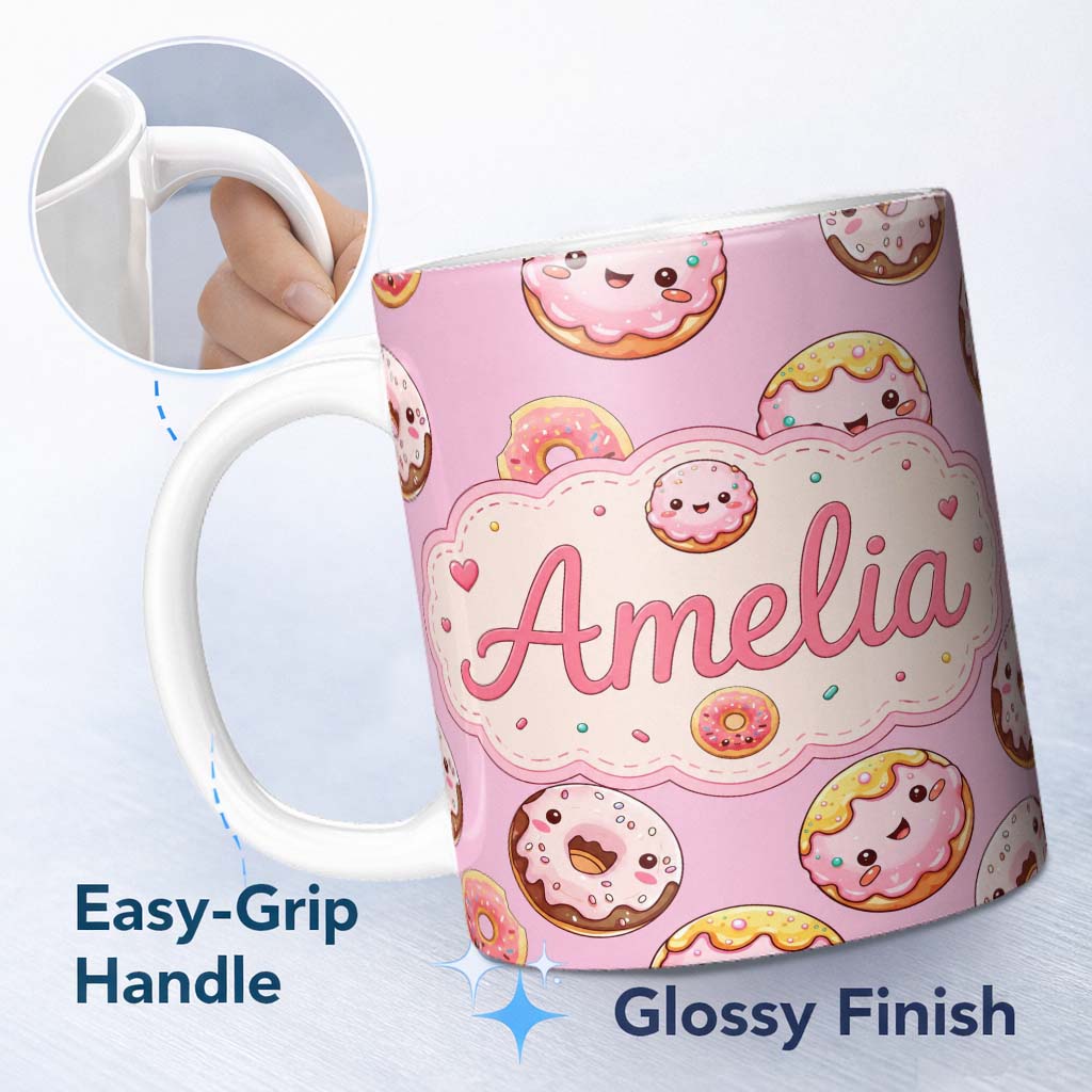 Personalized Custom Name Cute Kawaii Donuts Pink Background Sweet Dessert Seamless Pattern 11oz Ceramic Coffee Tea Mug White Large Handle
