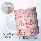 Personalized Custom Name Cute Kawaii Donuts Pink Background Sweet Dessert Seamless Pattern 11oz Ceramic Coffee Tea Mug White Large Handle