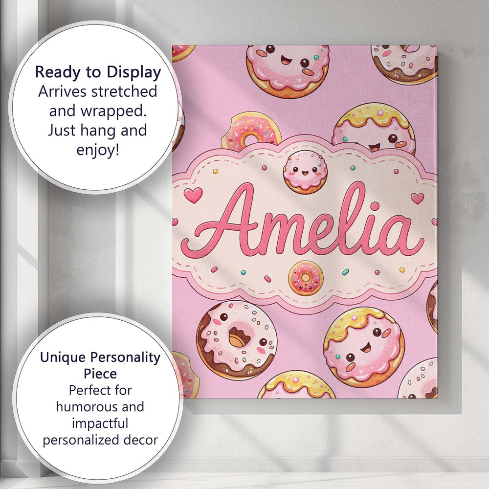 Personalised Name Cute Kawaii Donuts Pink Custom  Unique Gift Idea Elegant Feature Canvas Wall Art Print Decor Picture Ready to Hang