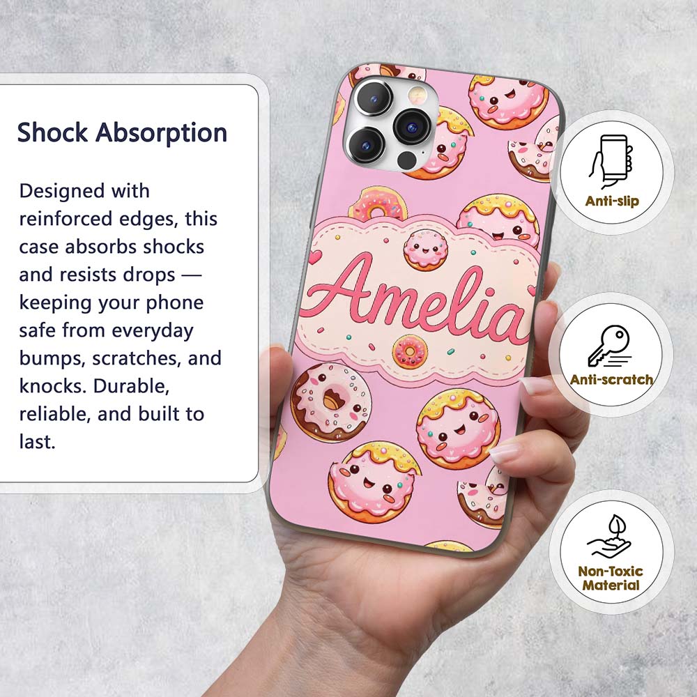Cute Kawaii Donuts Pink Background Sweet Dessert Custom Name Protective Phone Case Mobile Cover Durable Everyday Smartphone Shock Resistant