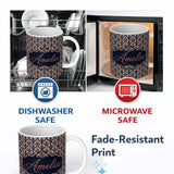 Personalized Custom Name Classic Vintage Red and Navy Damask Ornamental Seamless Pattern 11oz Ceramic Coffee Tea Mug White Large Handle