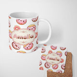 Personalized Custom Name Cute Kawaii Donuts Grey Background Sweet Dessert Seamless Pattern 11oz Ceramic Coffee Tea Mug White Large Handle