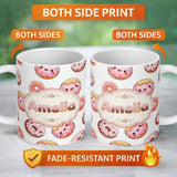 Personalized Custom Name Cute Kawaii Donuts Grey Background Sweet Dessert Seamless Pattern 11oz Ceramic Coffee Tea Mug White Large Handle