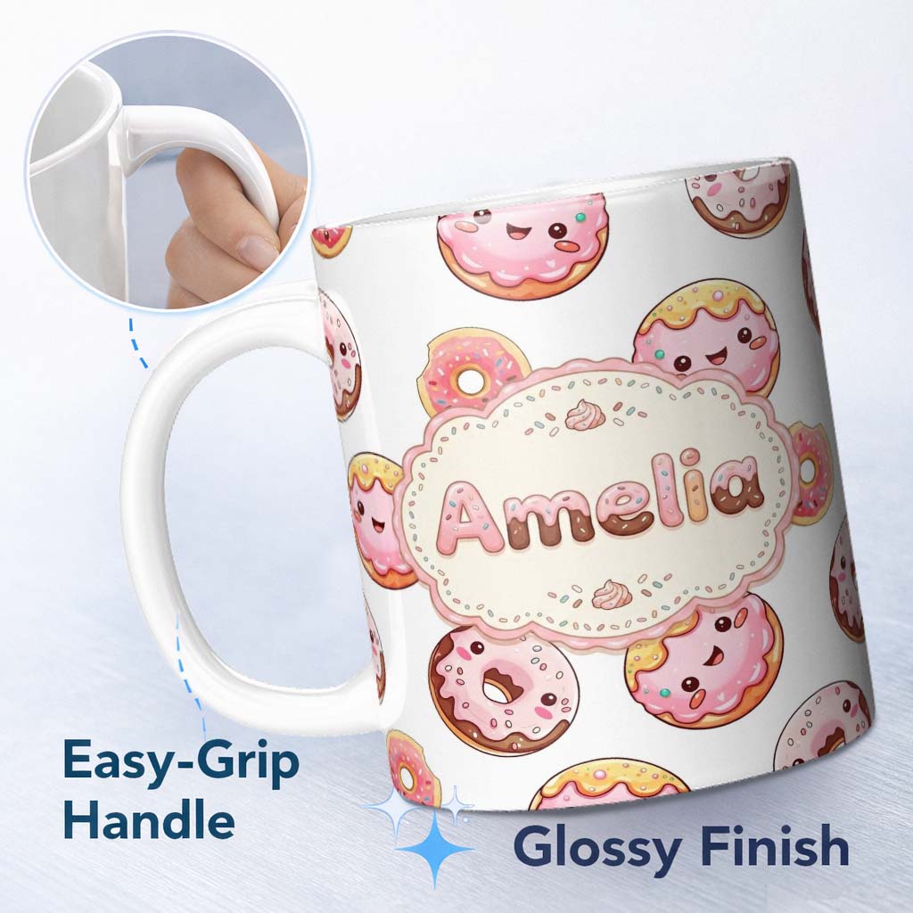Personalized Custom Name Cute Kawaii Donuts Grey Background Sweet Dessert Seamless Pattern 11oz Ceramic Coffee Tea Mug White Large Handle