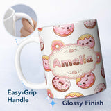 Personalized Custom Name Cute Kawaii Donuts Grey Background Sweet Dessert Seamless Pattern 11oz Ceramic Coffee Tea Mug White Large Handle
