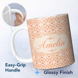 Personalized Custom Name Geometric Floral Star in Warm Peach and Cream Tones Design Lovely 11oz Ceramic Coffee Tea Mug White Large Handle