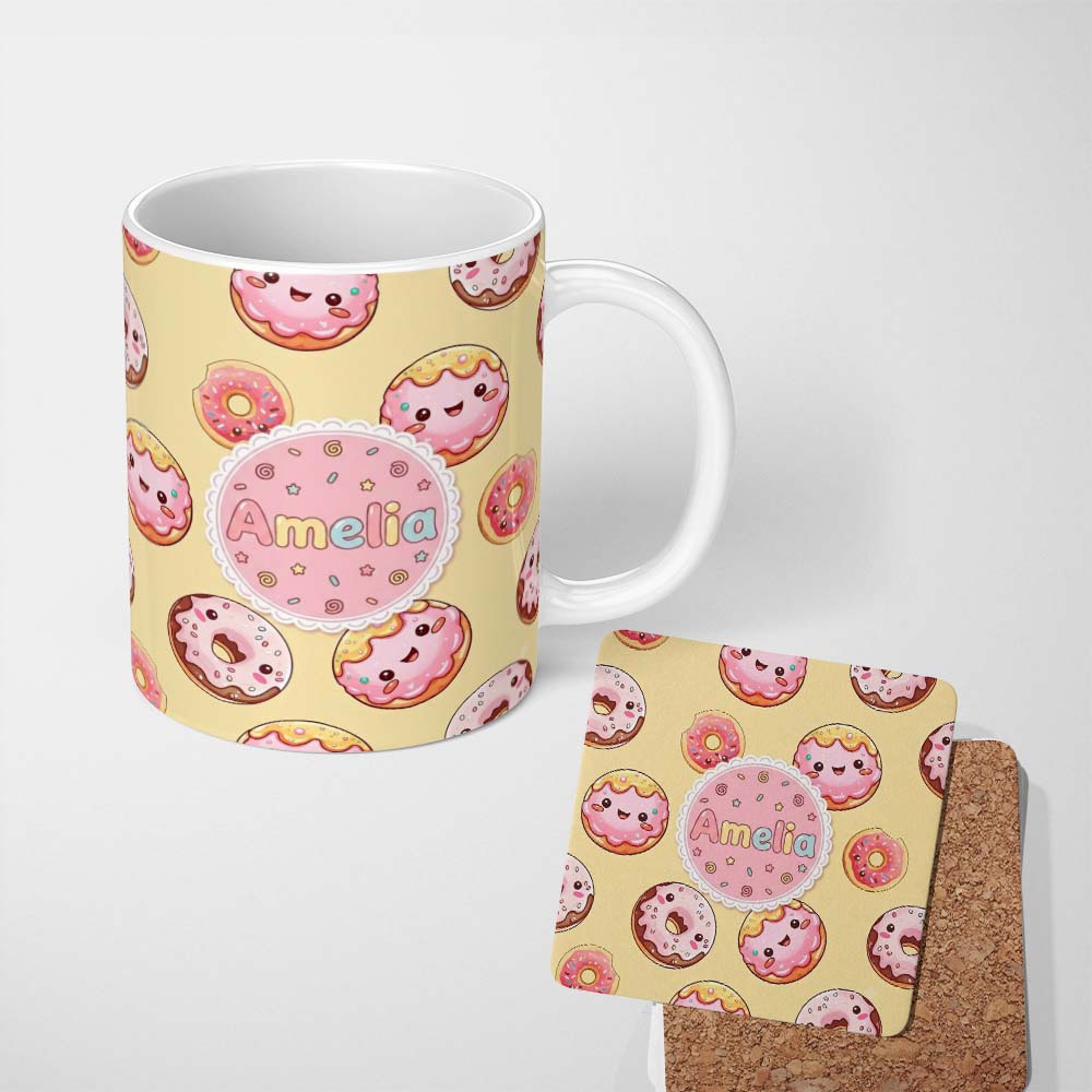 Personalized Custom Name Cute Kawaii Donuts Yellow Background Sweet Dessert Seamless Pattern 11oz Ceramic Coffee Tea Mug White Large Handle