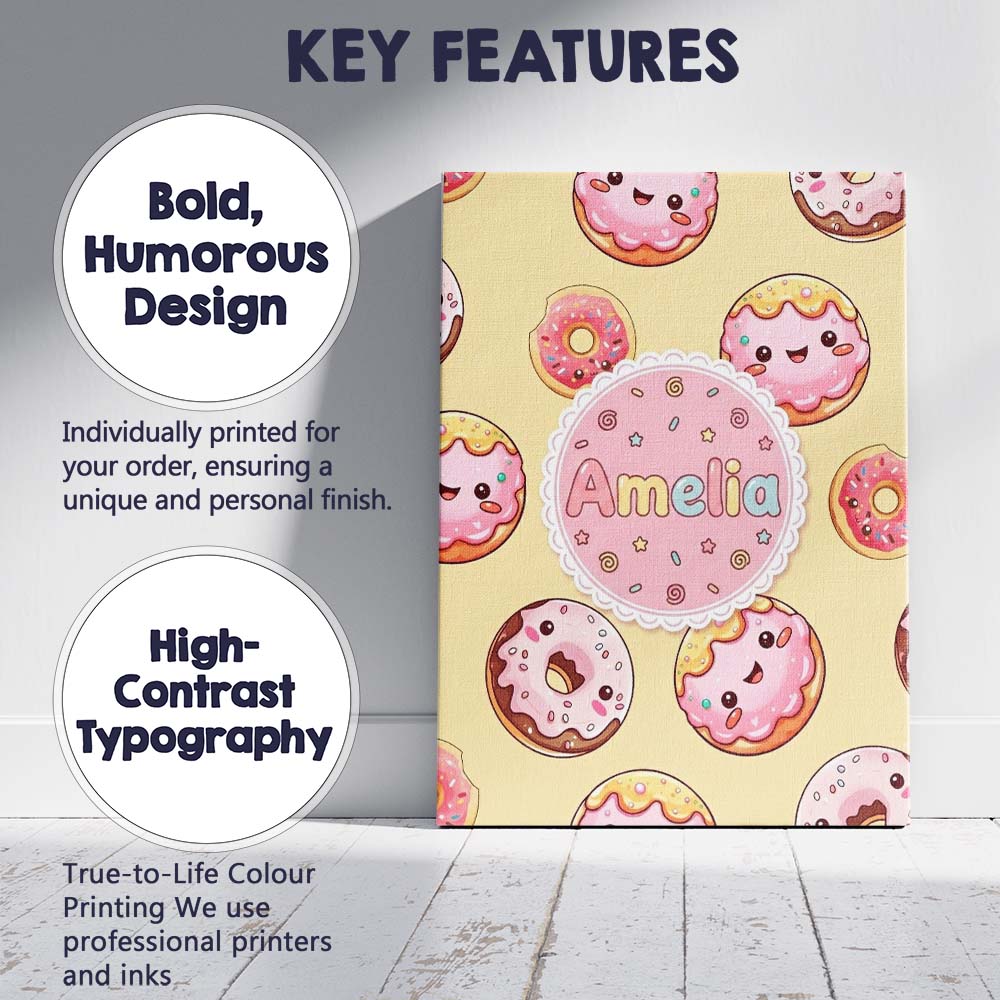 Personalised Name Cute Kawaii Donuts Yellow Custom  Bespoke Interior Contemporary Canvas Wall Art Print Decor Picture Ready to Hang