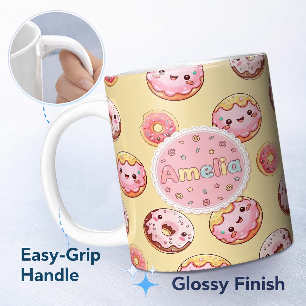 Personalized Custom Name Cute Kawaii Donuts Yellow Background Sweet Dessert Seamless Pattern 11oz Ceramic Coffee Tea Mug White Large Handle