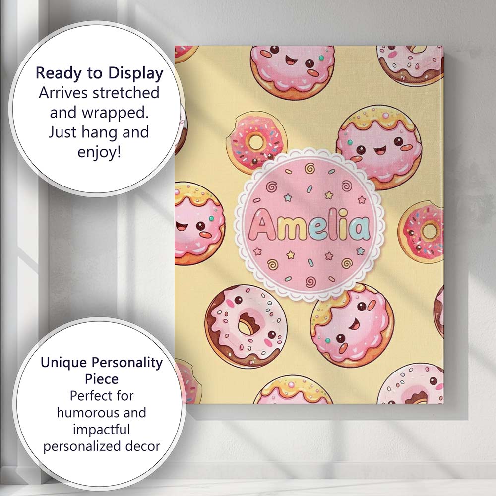 Personalised Name Cute Kawaii Donuts Yellow Custom  Bespoke Interior Contemporary Canvas Wall Art Print Decor Picture Ready to Hang