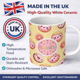 Personalized Custom Name Cute Kawaii Donuts Yellow Background Sweet Dessert Seamless Pattern 11oz Ceramic Coffee Tea Mug White Large Handle