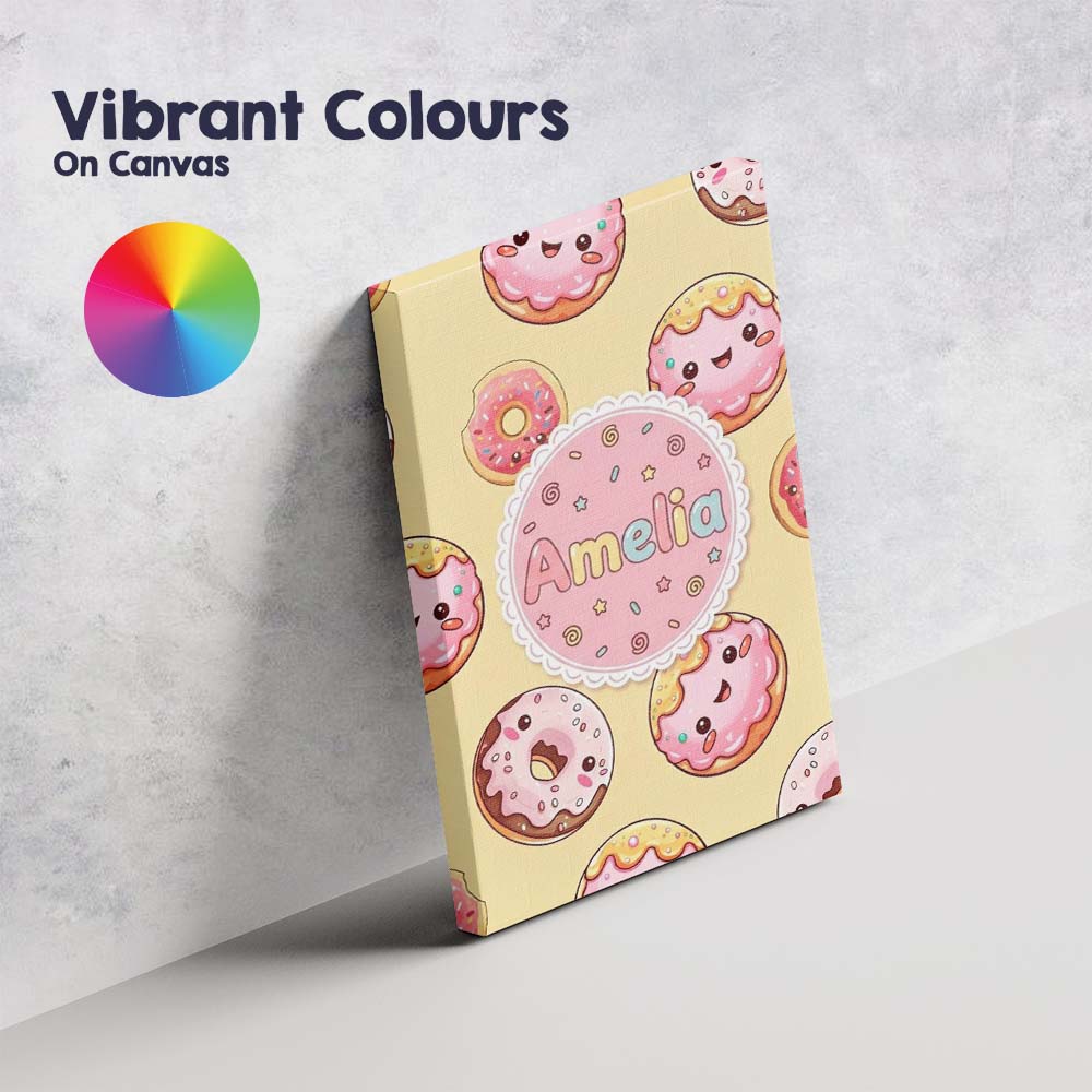 Personalised Name Cute Kawaii Donuts Yellow Custom  Bespoke Interior Contemporary Canvas Wall Art Print Decor Picture Ready to Hang