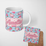 Personalized Custom Name Cute Strawberry Milkshake Cupcake Dessert Seamless Pattern Name 11oz Ceramic Coffee Tea Mug White Large Handle