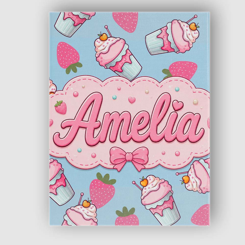 Personalised Name Cute Strawberry Milkshake Custom  Bespoke Interior Contemporary Canvas Wall Art Print Decor Picture Ready to Hang