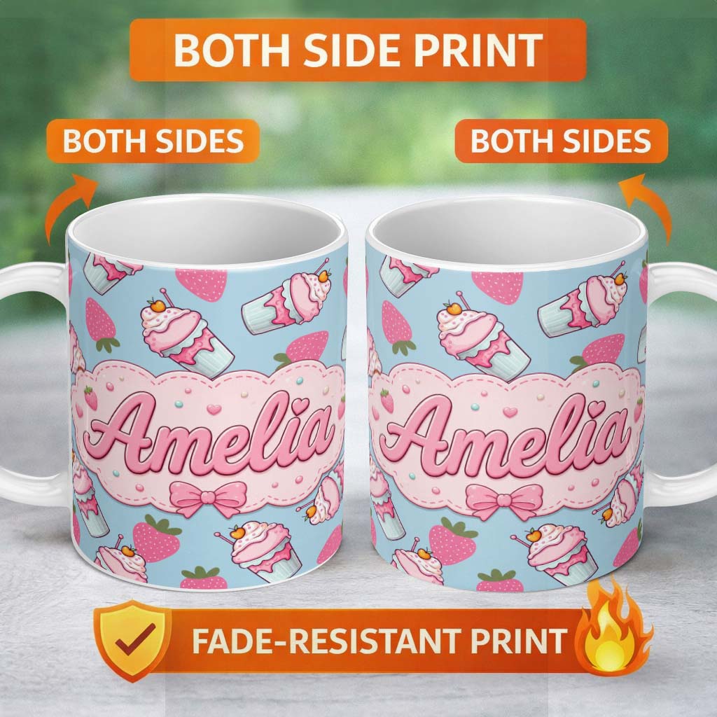 Personalized Custom Name Cute Strawberry Milkshake Cupcake Dessert Seamless Pattern Name 11oz Ceramic Coffee Tea Mug White Large Handle