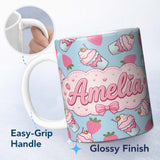 Personalized Custom Name Cute Strawberry Milkshake Cupcake Dessert Seamless Pattern Name 11oz Ceramic Coffee Tea Mug White Large Handle