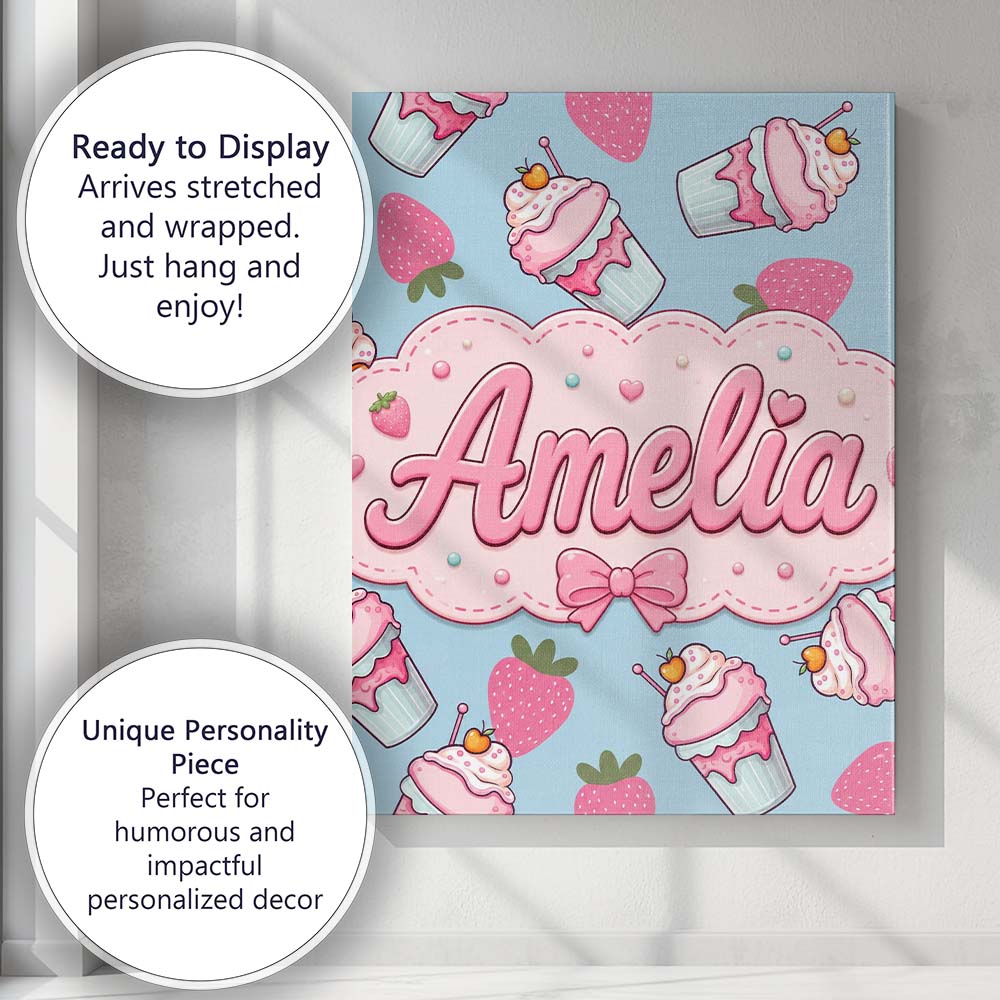 Personalised Name Cute Strawberry Milkshake Custom  Bespoke Interior Contemporary Canvas Wall Art Print Decor Picture Ready to Hang