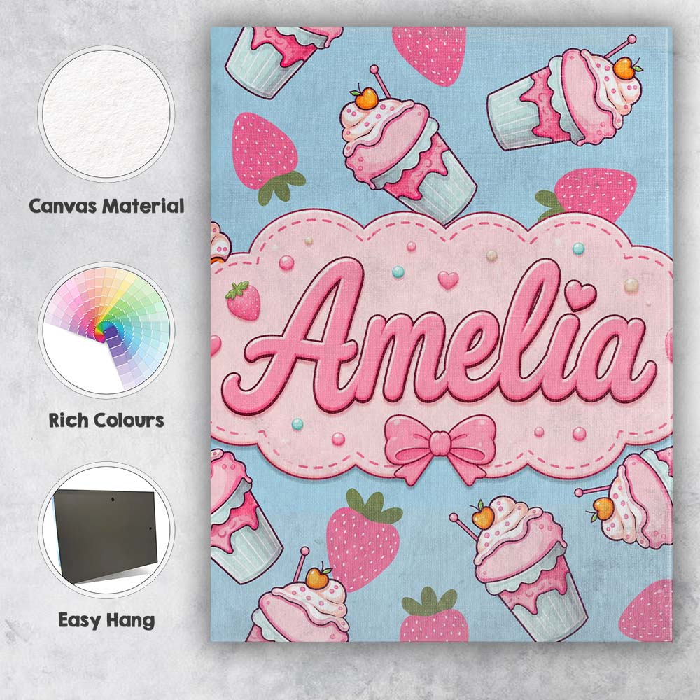 Personalised Name Cute Strawberry Milkshake Custom  Bespoke Interior Contemporary Canvas Wall Art Print Decor Picture Ready to Hang