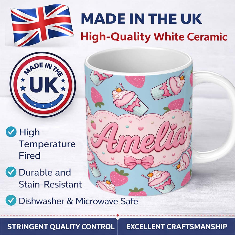 Personalized Custom Name Cute Strawberry Milkshake Cupcake Dessert Seamless Pattern Name 11oz Ceramic Coffee Tea Mug White Large Handle