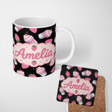 Personalized Custom Name Cute Strawberry Milkshake Cupcake Black Background Seamless Pattern 11oz Ceramic Coffee Tea Mug White Large Handle