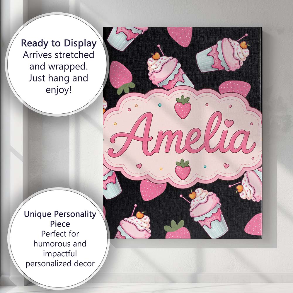 Personalised Name Cute Strawberry Milkshake Custom  Bespoke Interior Contemporary Canvas Wall Art Print Decor Picture Ready to Hang