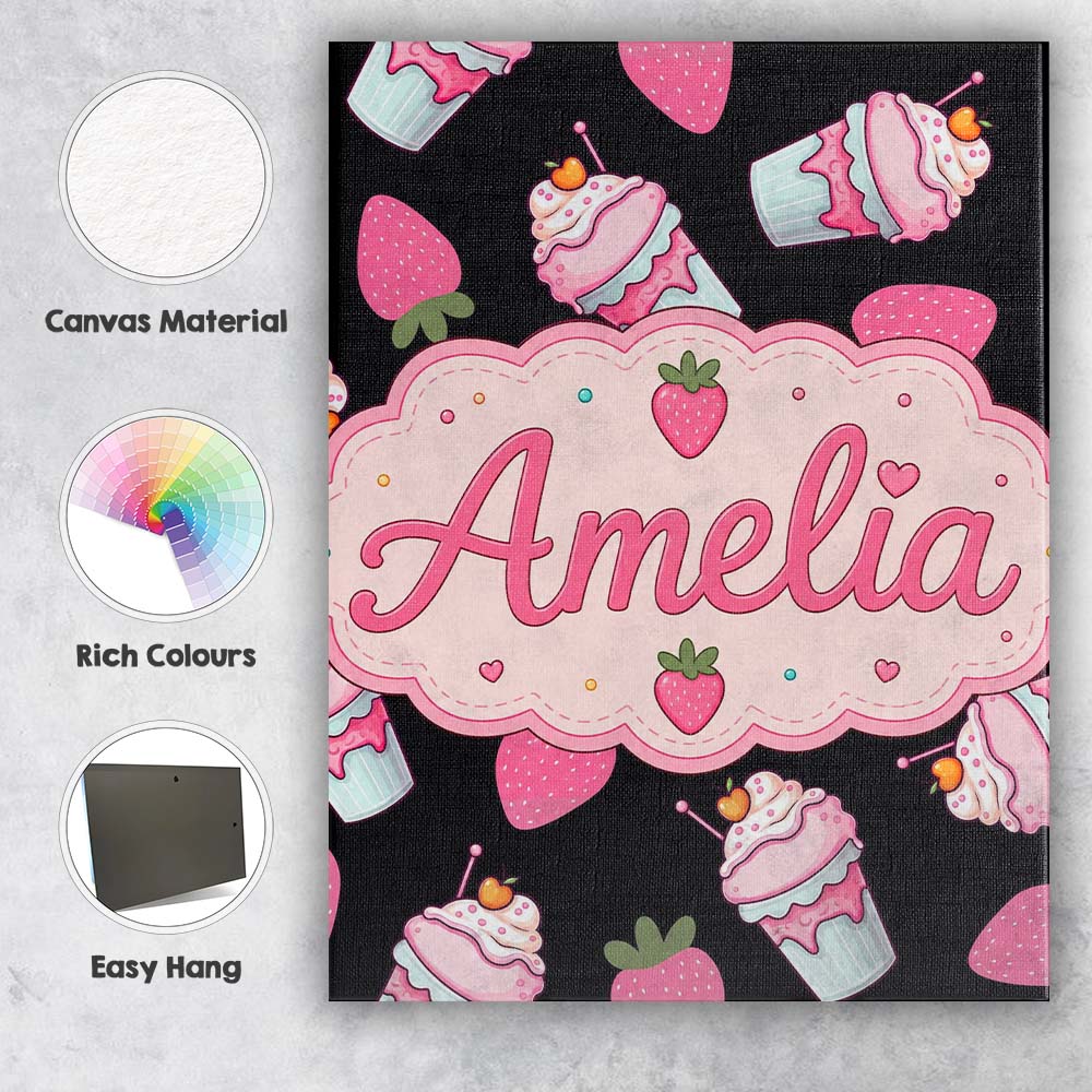 Personalised Name Cute Strawberry Milkshake Custom  Bespoke Interior Contemporary Canvas Wall Art Print Decor Picture Ready to Hang