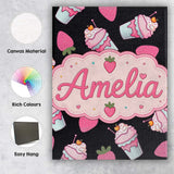 Personalised Name Cute Strawberry Milkshake Custom  Bespoke Interior Contemporary Canvas Wall Art Print Decor Picture Ready to Hang