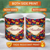 Personalized Custom Name Multicolor Autumn Leaves Dense Seamless Pattern Cute Unique Gift 11oz Ceramic Coffee Tea Mug White Large Handle