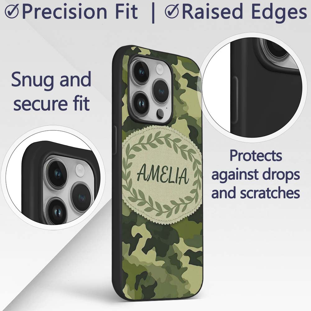 Rich Woodland Green Camouflage Seamless Pattern Custom Name Protective Phone Case Mobile Cover Durable Everyday Smartphone Shock Resistant