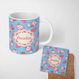 Personalized Custom Name Cute Strawberry Milkshake Cupcake Blue Background Seamless Pattern 11oz Ceramic Coffee Tea Mug White Large Handle
